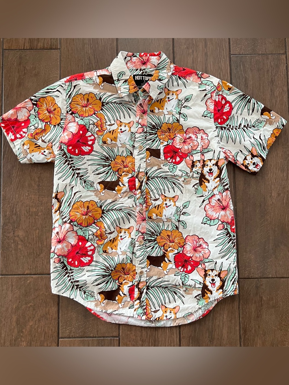 Hot Topic Men’s White Floral Tropical Corgi Print Short-Sleeve Shirt sz S